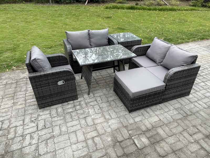 Fimous 6 Pieces Outdoor Garden Dining Sets Rattan Furniture With Dining Table Armchairs Love Sofa Big Footstool Side Table Dark Grey Mixed