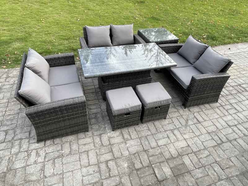 Fimous 7 pieces Outdoor Lounge Sofa Set Wicker PE Rattan Garden Furniture Set with Rising Lifting Table Double Seat Sofa Side Table 2 Small Footstools Dark Grey Mixed