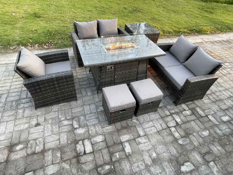 Fimous Rattan Outdoor Garden Furniture Gas Fire Pit Table Sets Gas Heater with Love Sofa Armchair Side Table 2 Small Footstools 7 Seater Dark Mixed Grey
