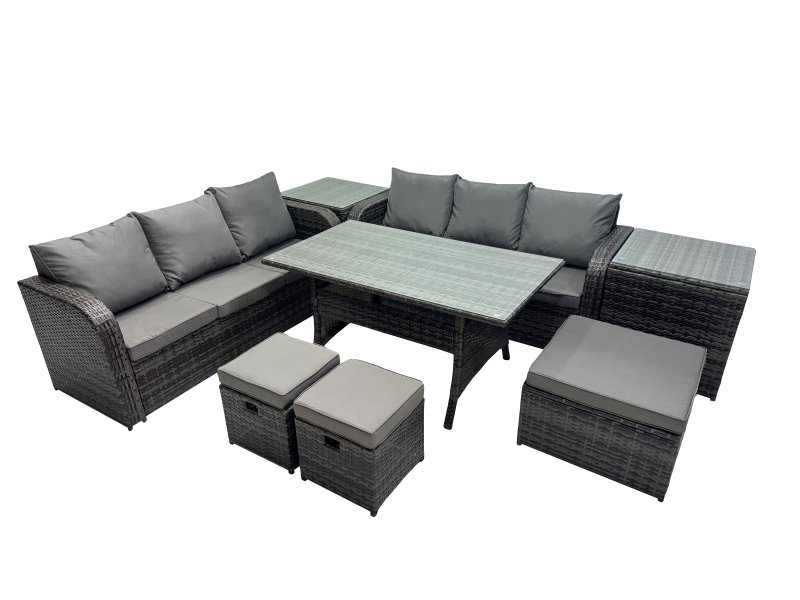 Fimous 9 Seat Outdoor Wicker PE Rattan Garden Furniture Set Dining Table Sofa Set with 2 Side Tables 3 Stools Dark Grey Mixed
