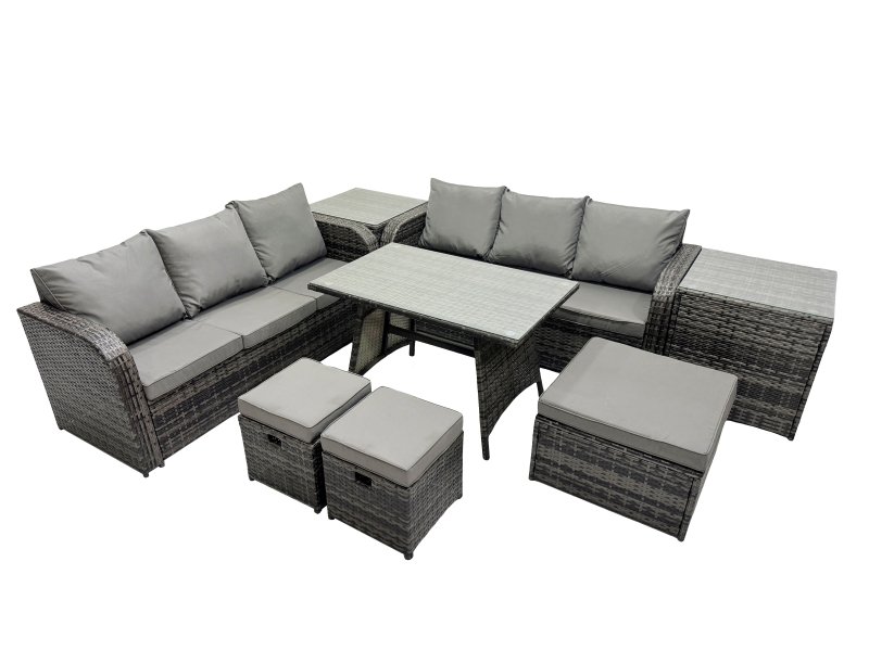 Fimous Garden Rattan Outdoor Furniture Set 9 Seater with 3 Seater Sofa 3 Stools 2 Side Table Dark Grey
