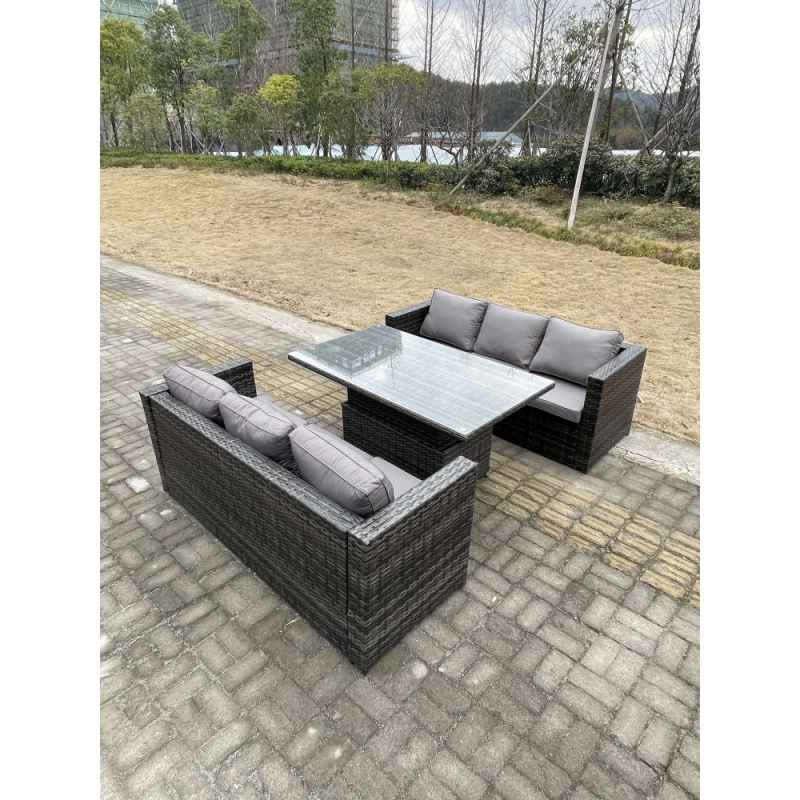Fimous 6 Seater?Outdoor Rattan Sofa Set Garden Furniture Adjustable Rising Lifting Dining Table Dark Grey Mixed