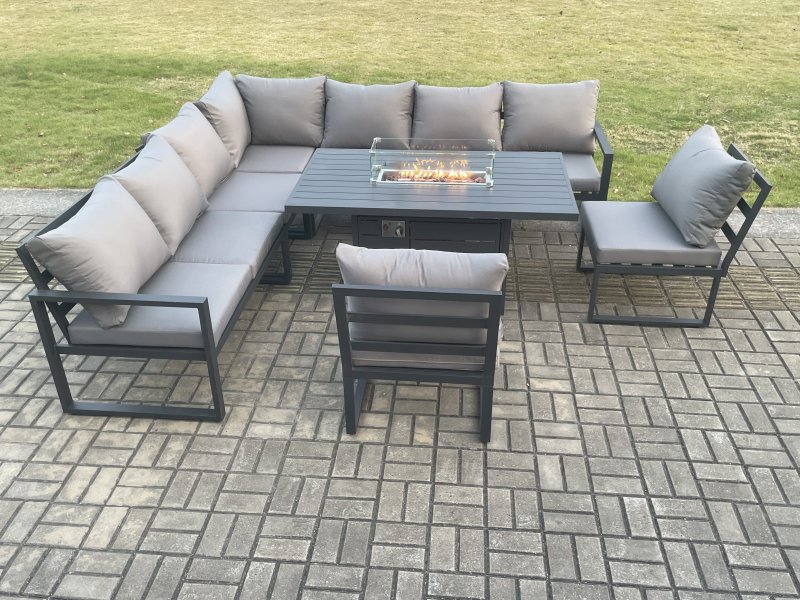 Fimous Aluminium 9 Seater Lounge Corner Sofa Outdoor Garden Furniture Sets Gas Fire Pit Dining Table Set Dark Grey