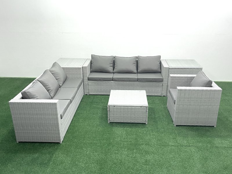 Fimous Wicker PE Rattan Sofa Garden Furniture Set with Armchair Square Coffee Table 2 Side Tables Light Grey Mixed
