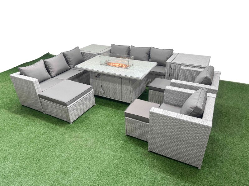 Fimous 11 Seat PE Rattan Lounge Sofa Set Outdoor Garden Furniture Set with Firepit Dining Table 3 Seater Sofa 3 Footstools 2 Side Table Light Grey