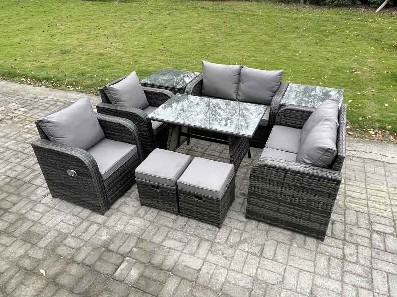 Fimous 8 Seater Wicker PE Rattan Garden Dining Set Outdoor Furniture Sofa with Rectangular Dining Table 2 Side Tables 2 Small Footstools Dark Grey Mixed