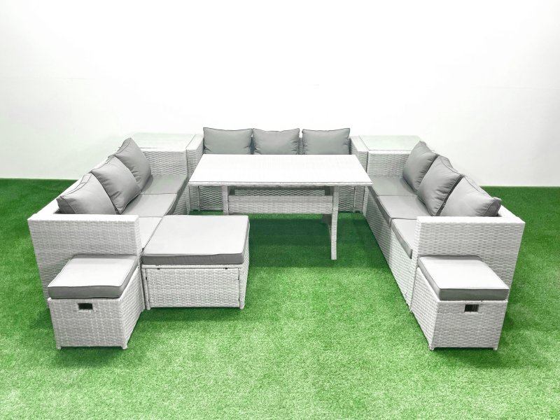 Fimous Rattan Garden Outdoor Furniture Set 12 Seater Garden Sofa Rectangulr Dining Table Set with 3 Footstools 2 Side Tables Light Grey Mixed