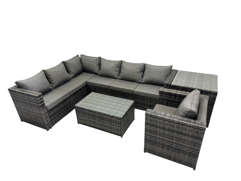 Fimous Outdoor Rattan Rectangular Coffee Table Corner Sofa Sets Garden Furniture Set with Side Table Dark Grey Mixed