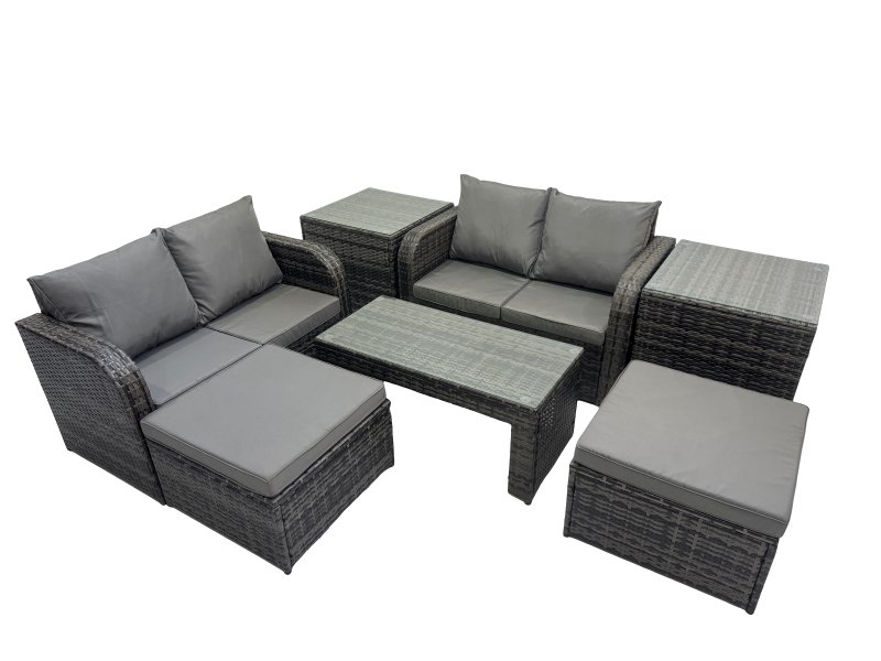 Fimous 3 Seater Sofa Reclining Chair Coffee Table Set Rattan Garden Outdoor Furniture Set with 2 Side Tables 2 Big Stools Dark Grey Mixed