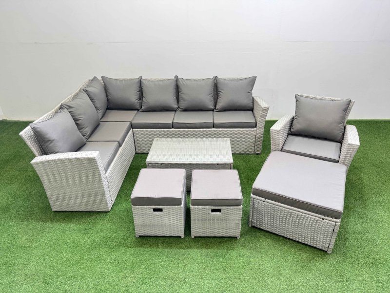 Fimous 10 Seater Garden Outdoor PE Rattan Furniture Set Rattan Garden Sofa Set with 3 Footstools Light Grey Mixed