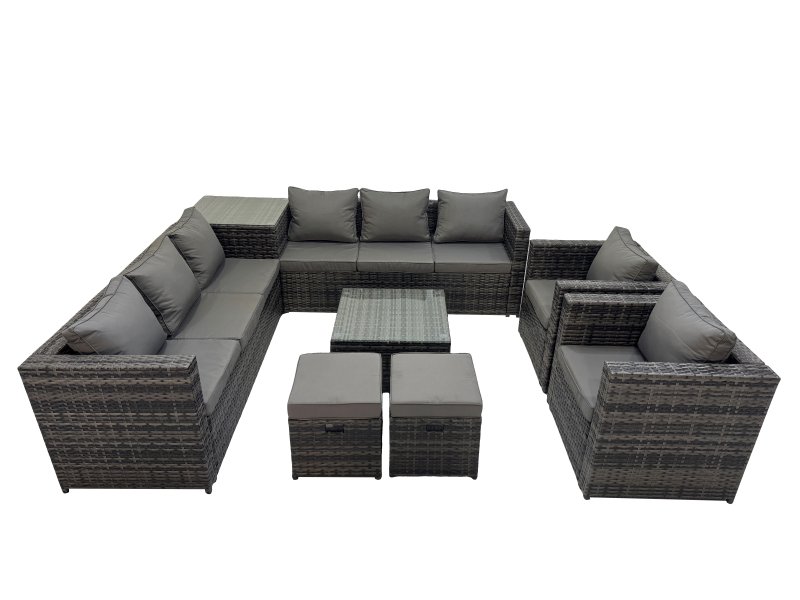 Fimous Garden Rattan Outdoor Furniture Set 10 Seater Patio Corner Sofa Coffee Table with 2 Small Stool Side Table Dark Grey