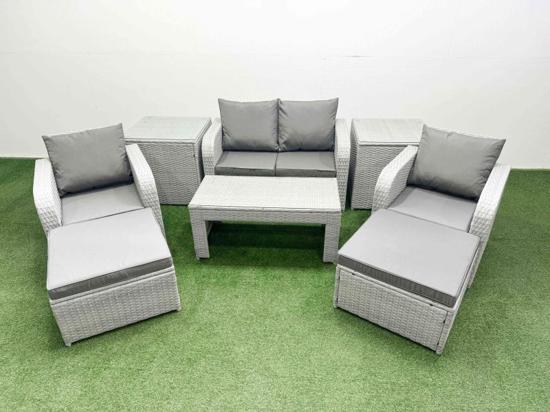 Fimous Light Grey PE Wicker Rattan Garden Furniture Set Sofa Set Reclining Adjustable Chair Oblong Coffee Table 6 Seater 2 Big Stools 2 Side Table
