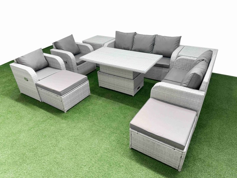 Fimous PE Rattan Garden Furniture Set Reclining Chair Sofa Double Love Seat 2 Seater Sofa Lounge Set Adjustable Lifting Dining or Coffee Table 2 Big Footstool 2 Side Table Light Grey