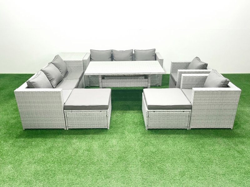 Fimous Rattan Garden Furniture Set Outdoor 8 Seater Patio Dinin g Sofa Sets with Dining Table 2 Chairs Side Table 2 Big Footstools Light Grey Mixed