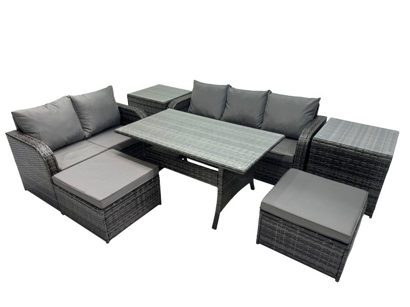 Fimous 7 Seat Outdoor Wicker PE Rattan Garden Furniture Set Dining Table Sofa Sets with 2 Big Stools 2 Side Tables Dark Grey Mixed
