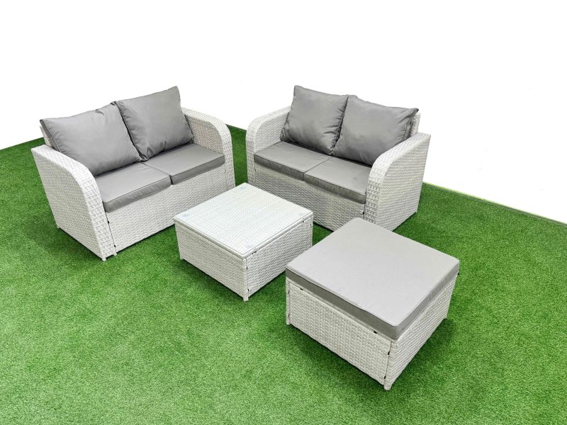 Fimous 5 Seater Outdoor Love Sofa Set Rattan Garden Furniture Set with Square Coffee Table Big Footstool Light Grey
