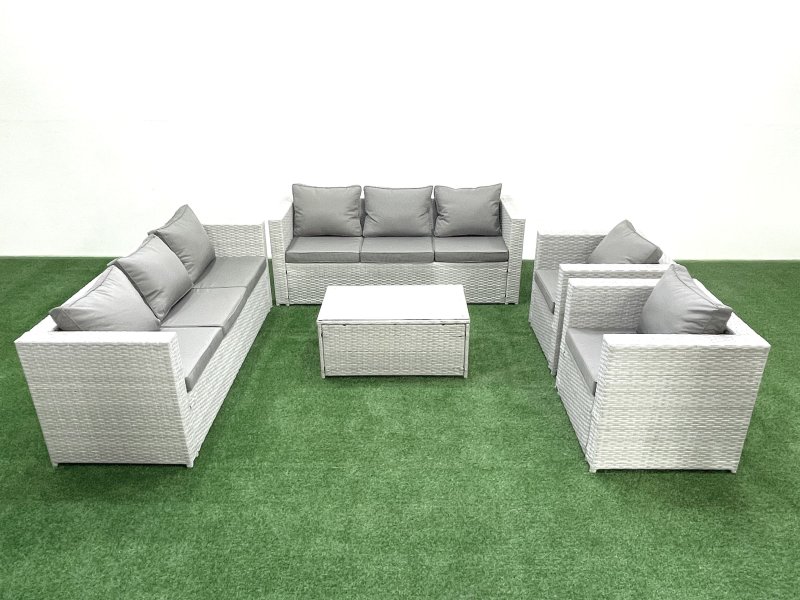 Fimous Outdoor Rattan Sofa Garden Furniture Set with 2 Armchairs Oblong Coffee Table Light Grey Mixed