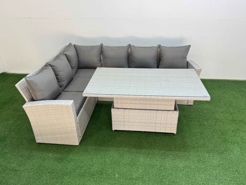Fimous 6 Seat Rattan Outdoor Garden Furniture Corner Sofa Set Adjustable Lifting Dining or Coffee Table Set Light Grey