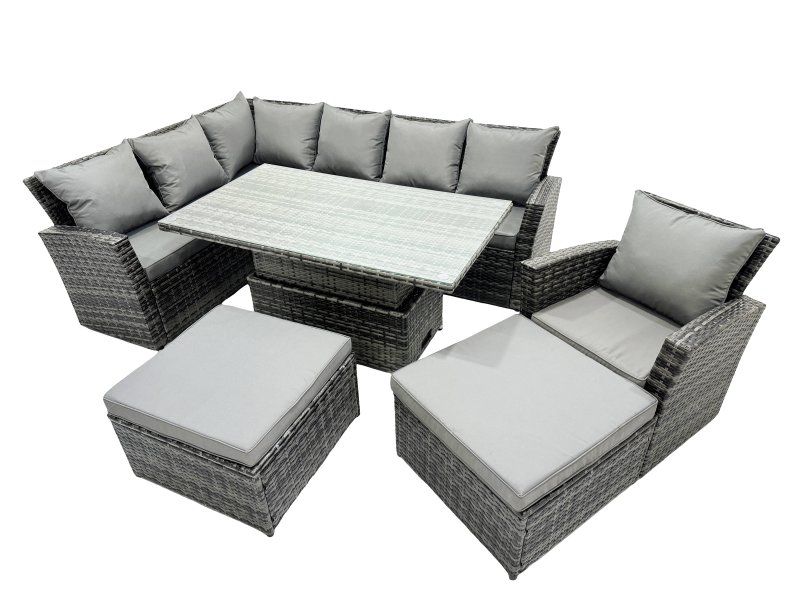 Fimous Poly Rattan Outdoor Patio Height Adjustable Rising Lifting Table Corner Sofa Set with 2 Big Stool,Chair for Garden Backyard Dark Grey Mixed