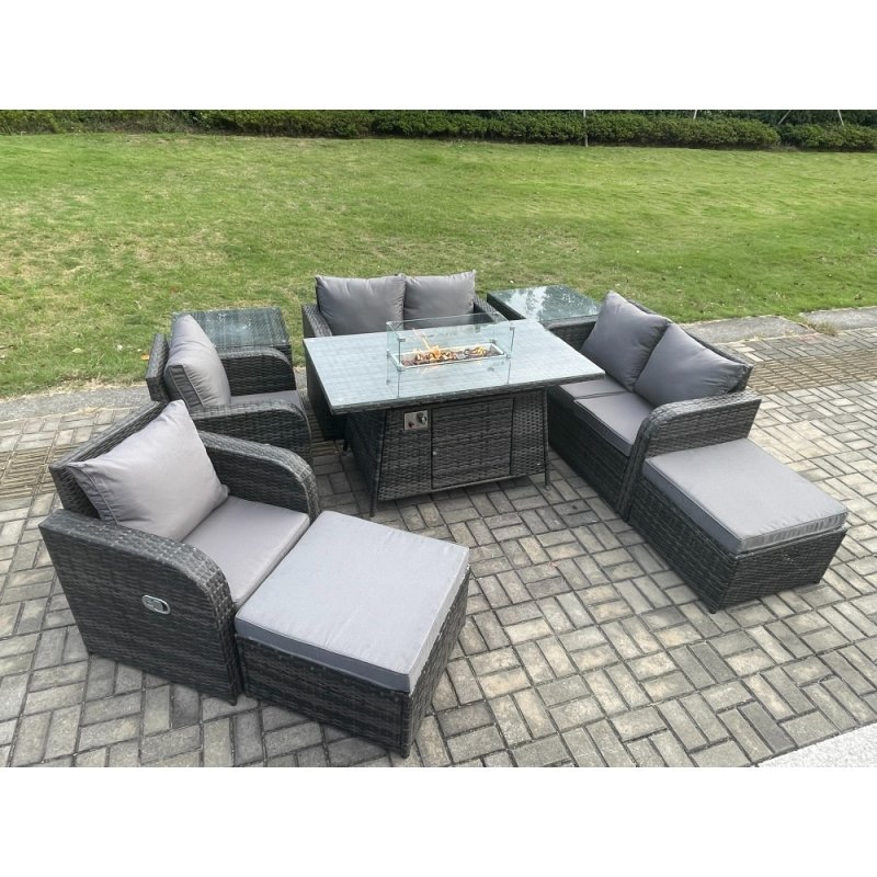 Fimous 8 Seater Rattan Garden Furniture Set Outdoor Propane Gas Fire Pit Table and Sofa Chair set with 2 Side Tables 2 Big Footstool