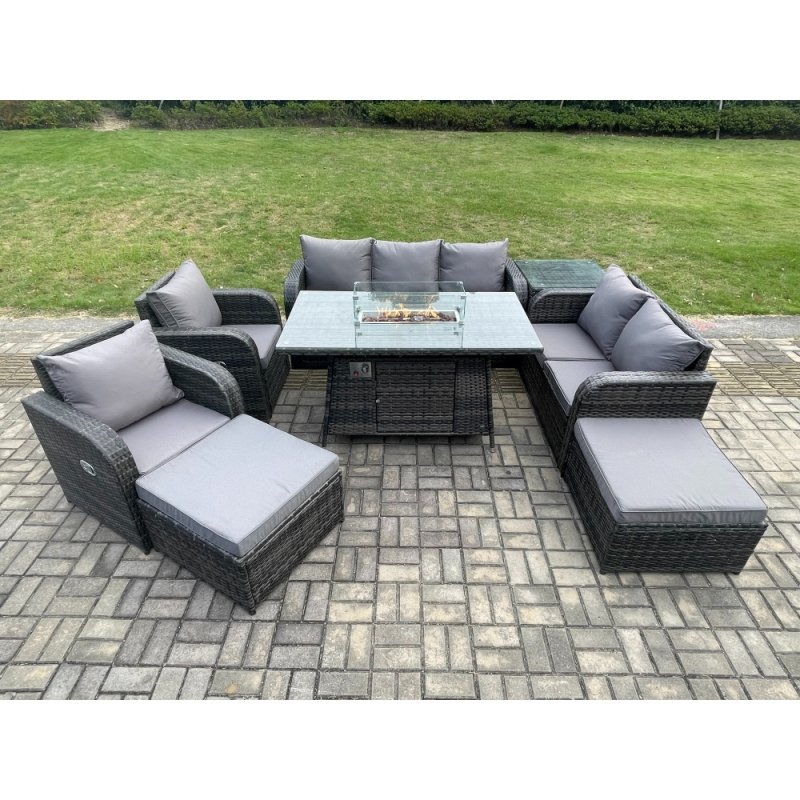 Fimous 9 Seater PE Wicker Outdoor Rattan Garden Furniture Set Propane Gas Fire Pit Table and Sofa Chair set with Side Table 2 Big Footstool