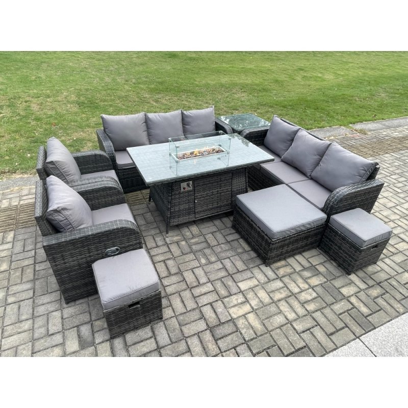 Fimous Wicker Rattan Garden Furniture Set Gas Fire Pit Dining Table Indoor Outdoor with Side Tables Chair Loveseat Sofa 3 Footstools