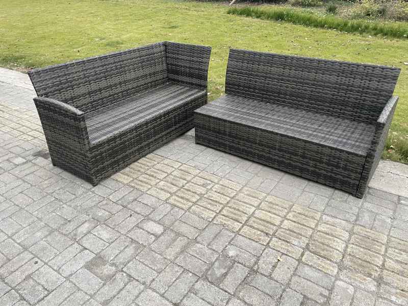 Fimous Rattan Garden Furniture High Back Corner Sofa Gas Fire Pit Dining Table Sets Gas Heater 6 Seater Dark Grey Mixed