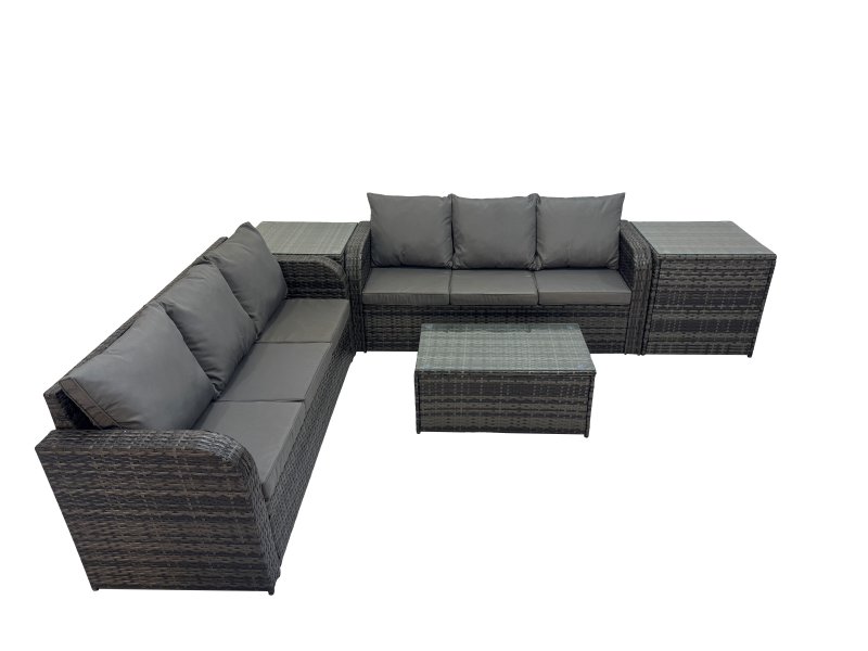 Fimous Outdoor 3 Seater Sofa Coffee Table Set Garden Rattan Furniture Set 6 Seater with 2 Side Tables Dark Grey