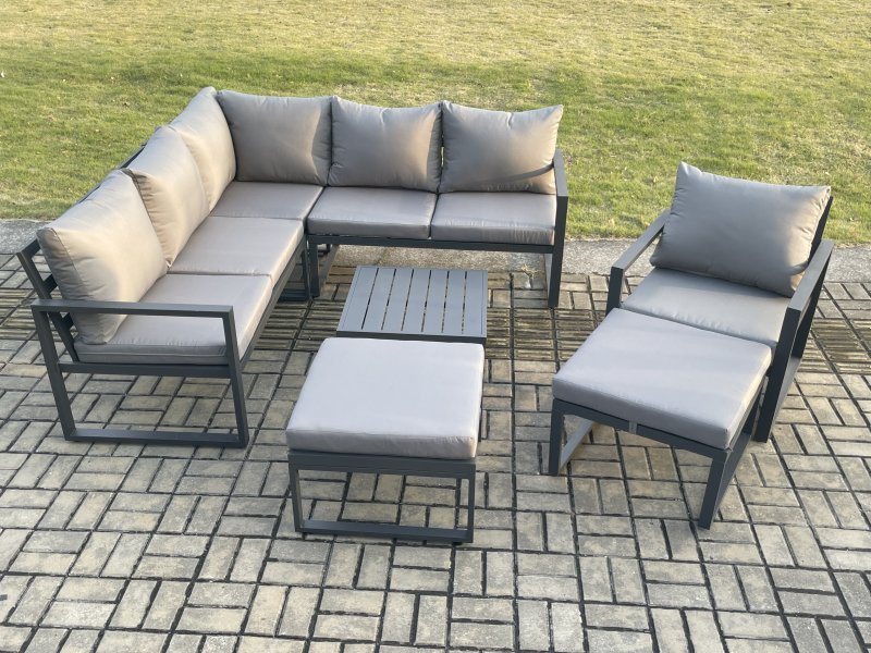 Fimous Outdoor Garden Furniture Set Aluminium Lounge Sofa Square Coffee Table Sets with Chair 2 Big Footstools Indoor Conservatory Set Dark Grey