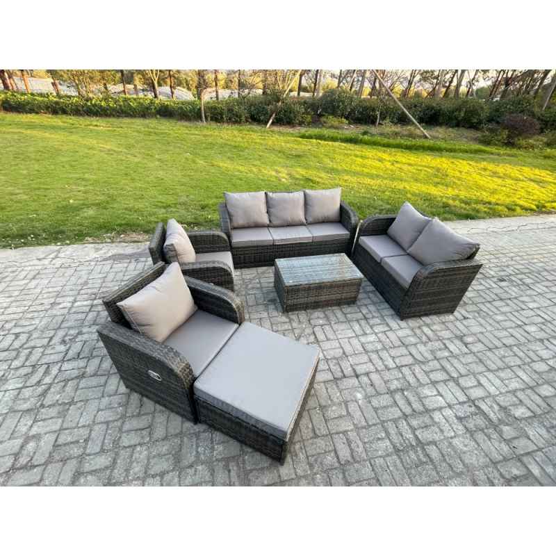 Fimous 8 Seater Rattan Wicker Garden Furniture Patio Conservatory Sofa Set with Rectangular Coffee Table 3 Seater Sofa Love Sofa Big Footstool
