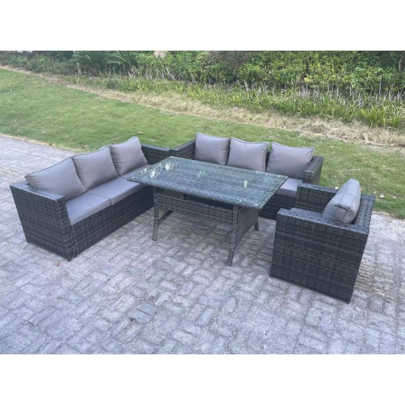Fimous Outdoor Lounge Sofa Garden Furniture Set Rattan Rectangular Dining Table Patio Chair 7 Seater Dark Grey Mixed