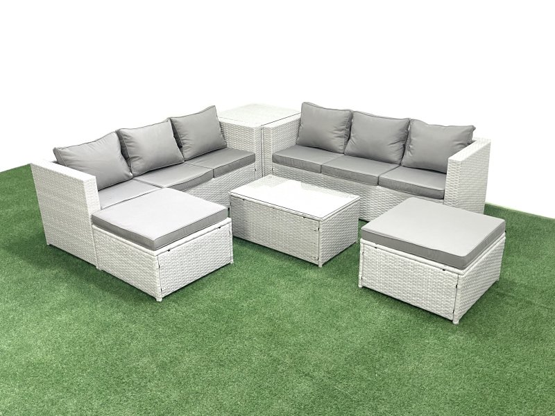 Fimous Garden Outdoor PE Rattan Furniture Set 8 Seater Rattan Garden Sofa Set with 2 Big Footstools Side Table Light Grey Mixed
