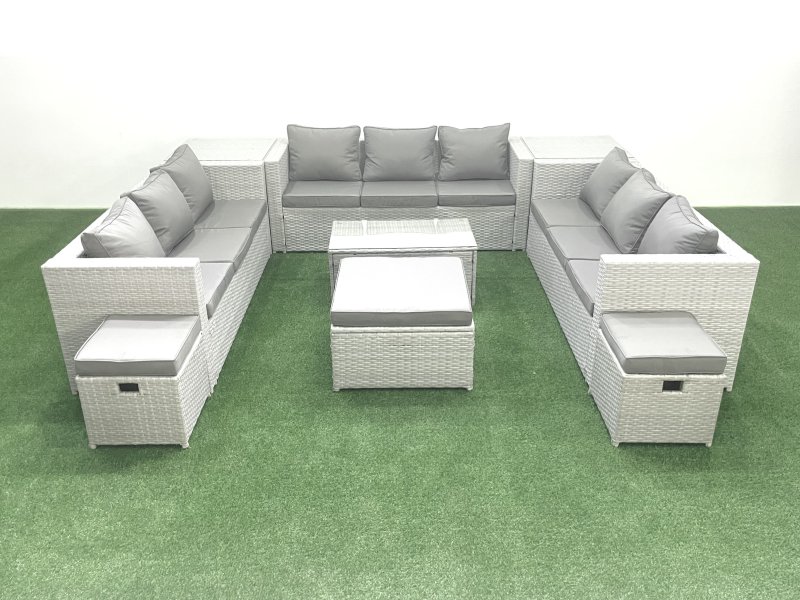 Fimous Rattan Garden Outdoor Furniture Set 12 Seater Garden Sofa Coffee Table Set with 3 Footstools 2 Side Tables Light Grey Mixed
