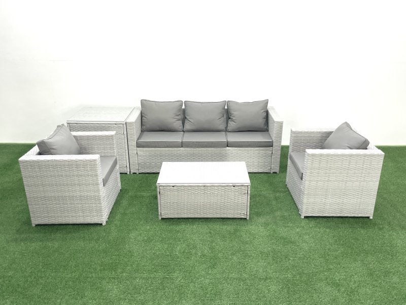 Fimous Rattan Garden Furniture Set with 3 Seater Sofa 2 Chair Rectangular Coffee Table Side Table Light Grey Mixed 5 Seater