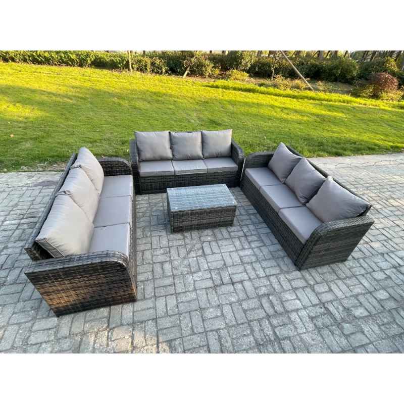 Fimous Rattan Lounge Sofa Set 9 Seater Outdoor Garden Furniture Set with Rectangular Coffee Table 3 Seater Sofa Dark Grey Mixed