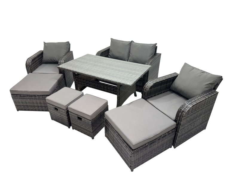 Fimous 8 Seat Outdoor Wicker PE Rattan Garden Furniture Set Dining Table Sofa Sets with 4 Stools Dark Grey Mixed