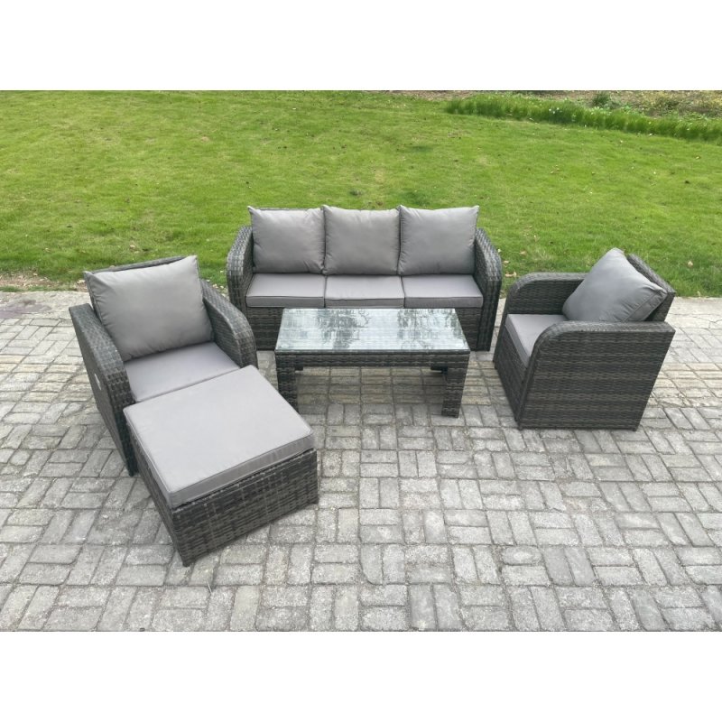 Fimous Wicker PE Rattan Garden Furniture Set Outdoor Lounge Sofa Set with Reclining Chair Coffee Table Big Footstool Dark Grey Mixed