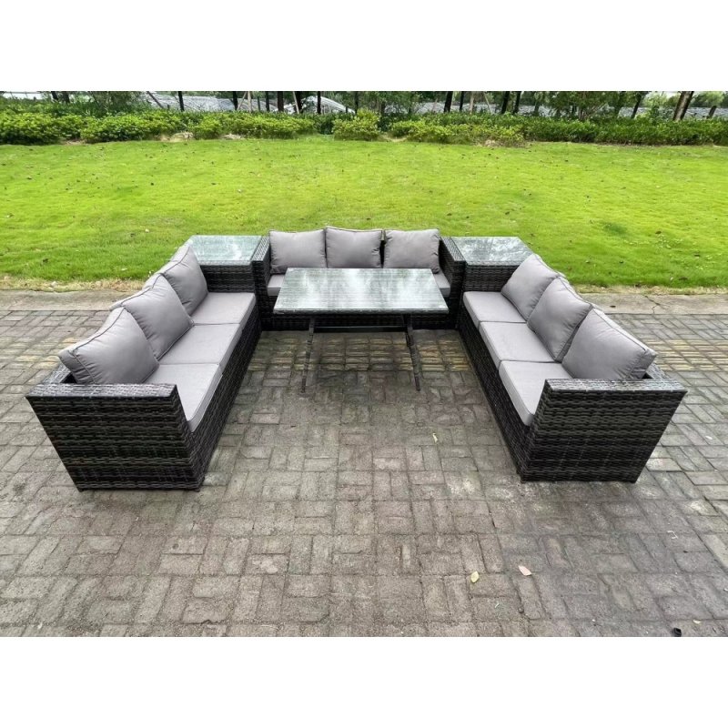 Fimous 9 Seater Rattan Outdoor Furniture Sofa Garden Dining Set with Patio Dining Table 2 Side Tables Dark Grey Mixed