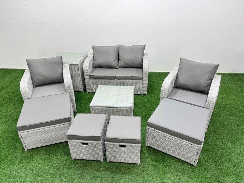 Fimous Outdoor Garden Furniture Set PE Rattan Love Sofa Reclining Chair Set with Coffee Table 4 Footstools Side Table Light Grey