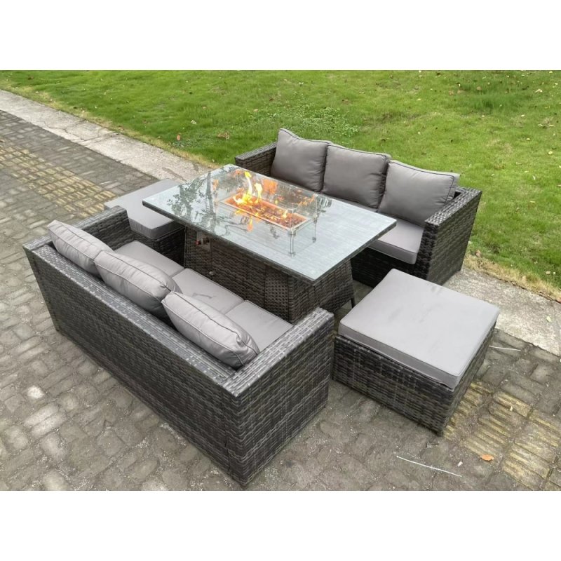 Fimous 8 Seater Outdoor Rattan Garden Furniture Sofa Set Gas Fire Pit Dining Table Gas Heater Burner With 3 Seater Sofa 2 Big Footstools Dark Grey Mixed