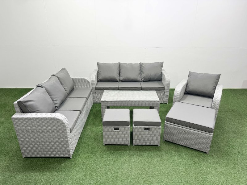 Fimous 10 Seater Poly Rattan Outdoor Garden Furniture Oblong Coffee Table Sofa Set Patio 3 Seater Sofa Reclining Chair 3 Seater Sofa 3 Stools Light Grey