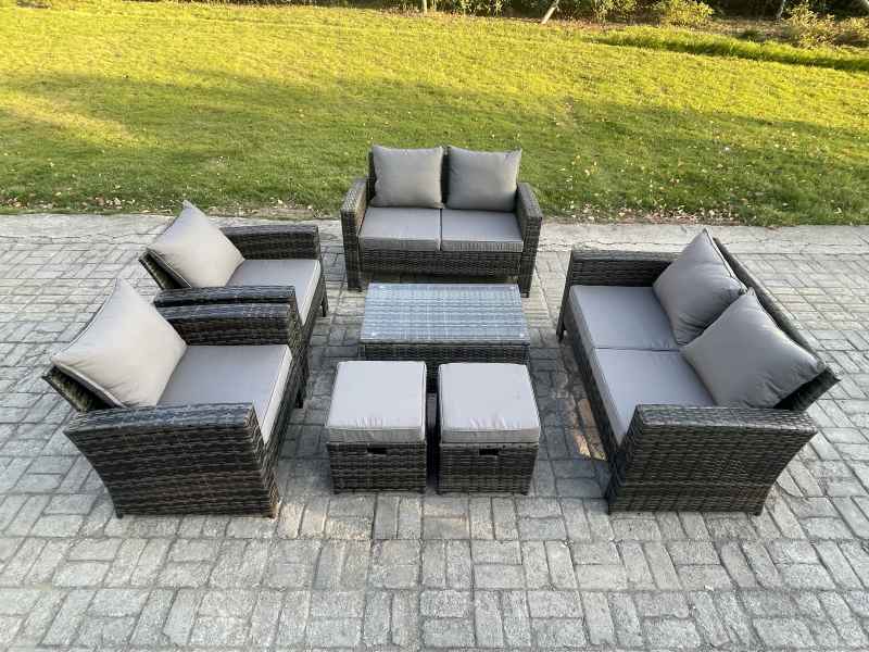 Fimous Garden Furniture Sets 7 Pieces Outdoor Rattan Furniture Manual Wicker Patio Sofa Chair Set with Coffee Table 2 Small Footstools Dark Grey Mixed