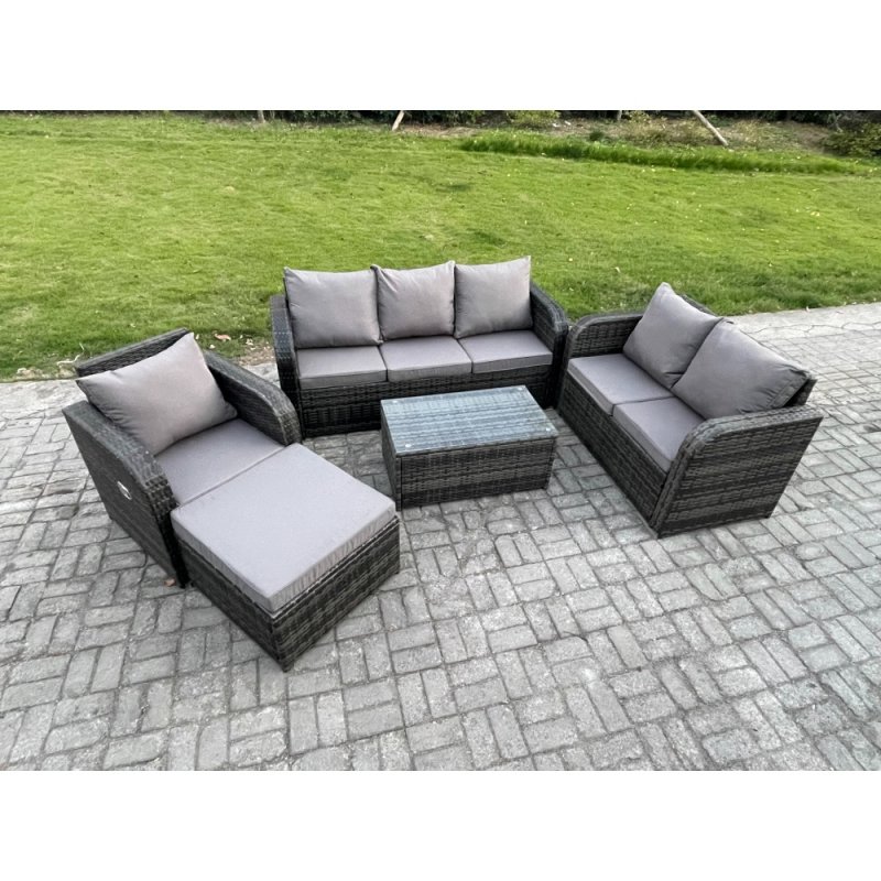 Fimous Patio Garden Furniture Sets Wicker 7 Seater Outdoor Rattan Furniture Sofa Sets with Rectangular Coffee Table Reclining Chair Loveseat Sofa 3 Seater Sofa Big Footstool
