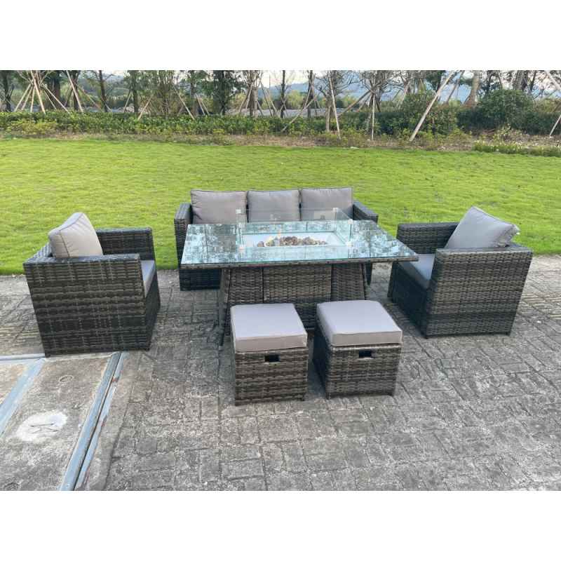 Fimous 7 Seater PE Wicker Rattan Garden Furniture Gas Fire Pit Table Gas Heater Sets Lounge Sofa Set With Chair Stools Clear Tempered Glass
