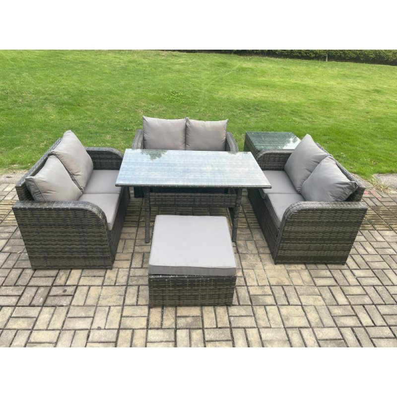 Fimous Wicker PE Rattan Sofa Outdoor Garden Furniture Set with Rectangular Dining Table Big Footstool Side Table Dark Grey Mixed
