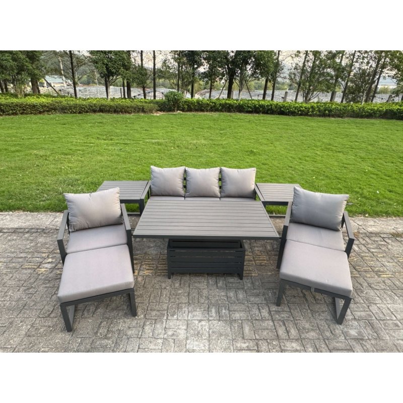 Fimous 7-Piece Aluminium Garden Furniture Sets 7 Seater Outdoor Sofa Set with Adjustable Rising Lifting Dining Table 2 Chairs 2 Big Footstools Side Table