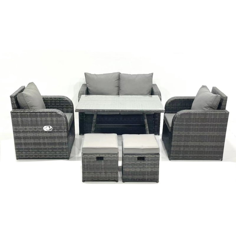 Fimous Outdoor Garden Furniture Set Rattan Sofa Dining Table Set with Reclining Chair 2 Small Footstool Dark Grey Mixed