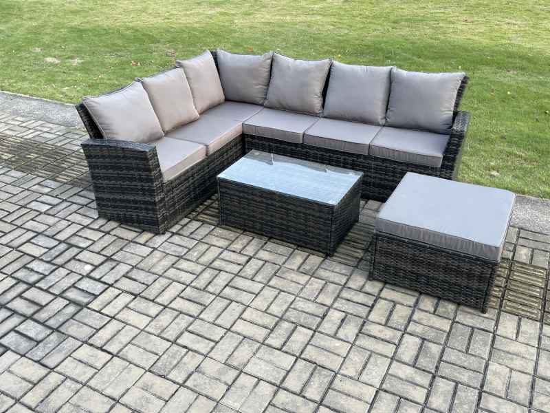 Fimous 7 Seater Outdoor Furniture Garden Dining Set Rattan Corner Sofa Set with Rectangular Coffee Table Big Footstool Dark Grey Mixed