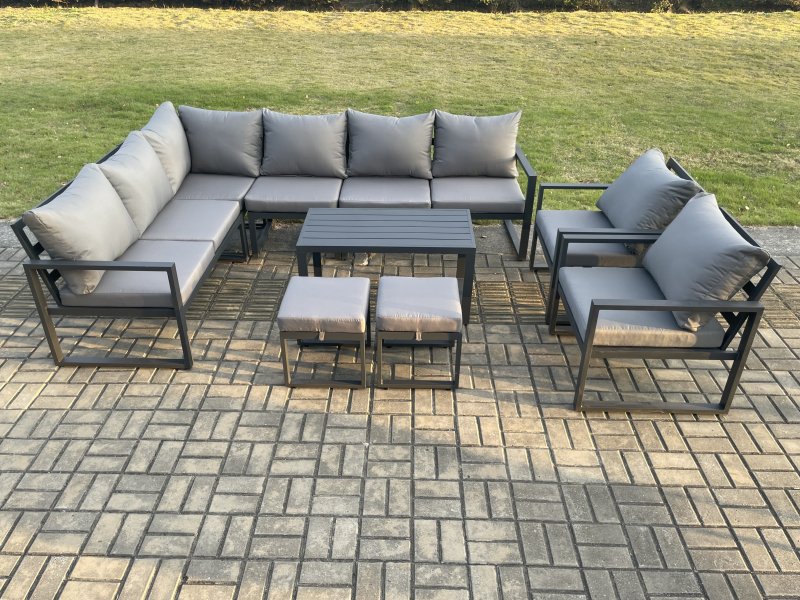 Fimous Aluminium Garden Furniture Set Outdoor Indoor Lounge Corner Sofa 2 Pcs Chair Oblong Coffee Table Sets with 2 Small Footstools Dark Grey