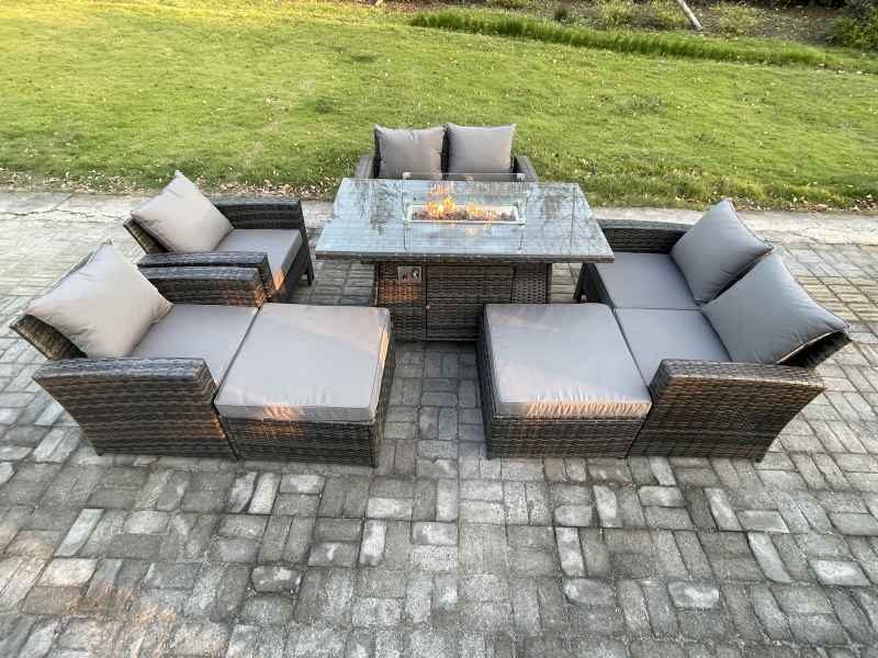 Fimous 8 Seater Rattan Garden Furniture Set Outdoor Lounge Sofa Chair Gas Fire Pit Dining Table Set With 2 Big Footstool Double Seat Sofa Armchiar